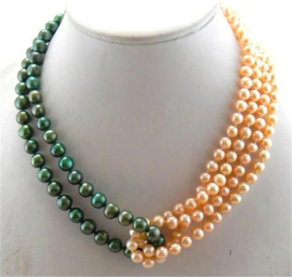 

HABITOO 4rows 8-10mm Round Green Pink Freshwater Pearl Necklace 18inchs Jewelry for Women 2021 Gift New Fashion