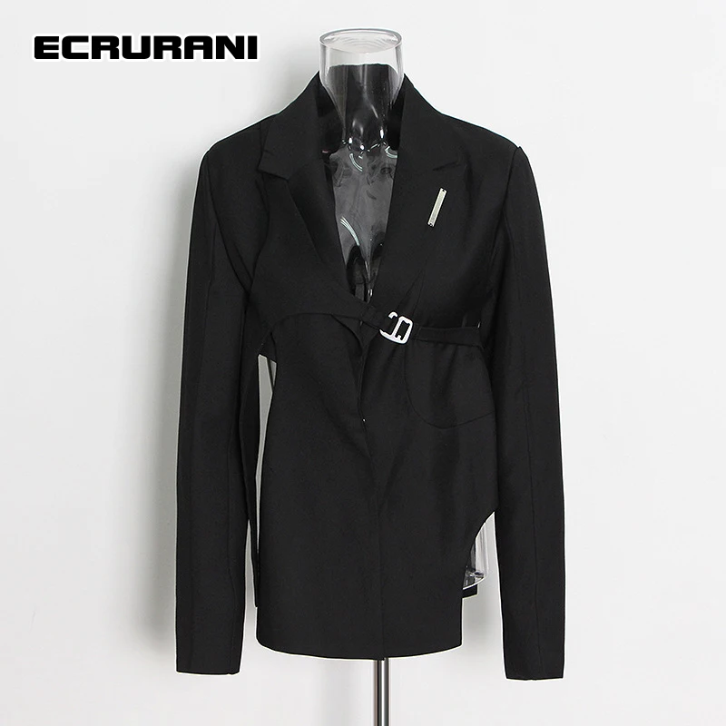 

ECRURANI Patchwork Black Casual Coats For Women Lapel Long Sleeve Slimming Loose Solid Blazers Females 2021 Autumn New Clothing