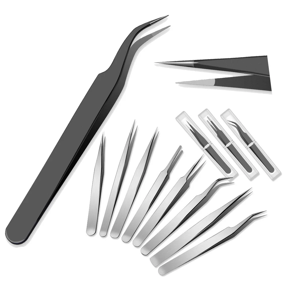 

Flat Curved End Stainless Steel Industrial Anti-static Tweezers Watchmaker Repair Tools with Box