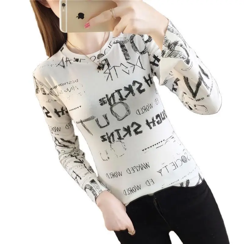 

Long-sleeved T-shirt woman 2021 spring and fall new slim round collar bottom top letter graffiti student T-shirt girl