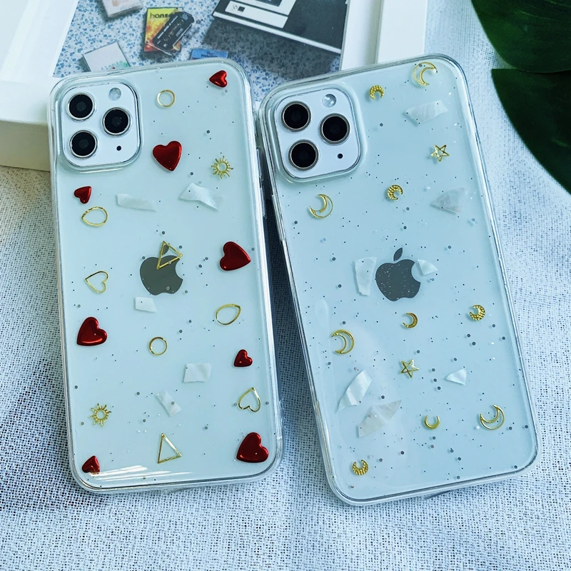 Блестящий блестящий чехол с сердечками Луной и звездами для iPhone 6 6s 7 8 Plus 10 X XS XR 11 Pro