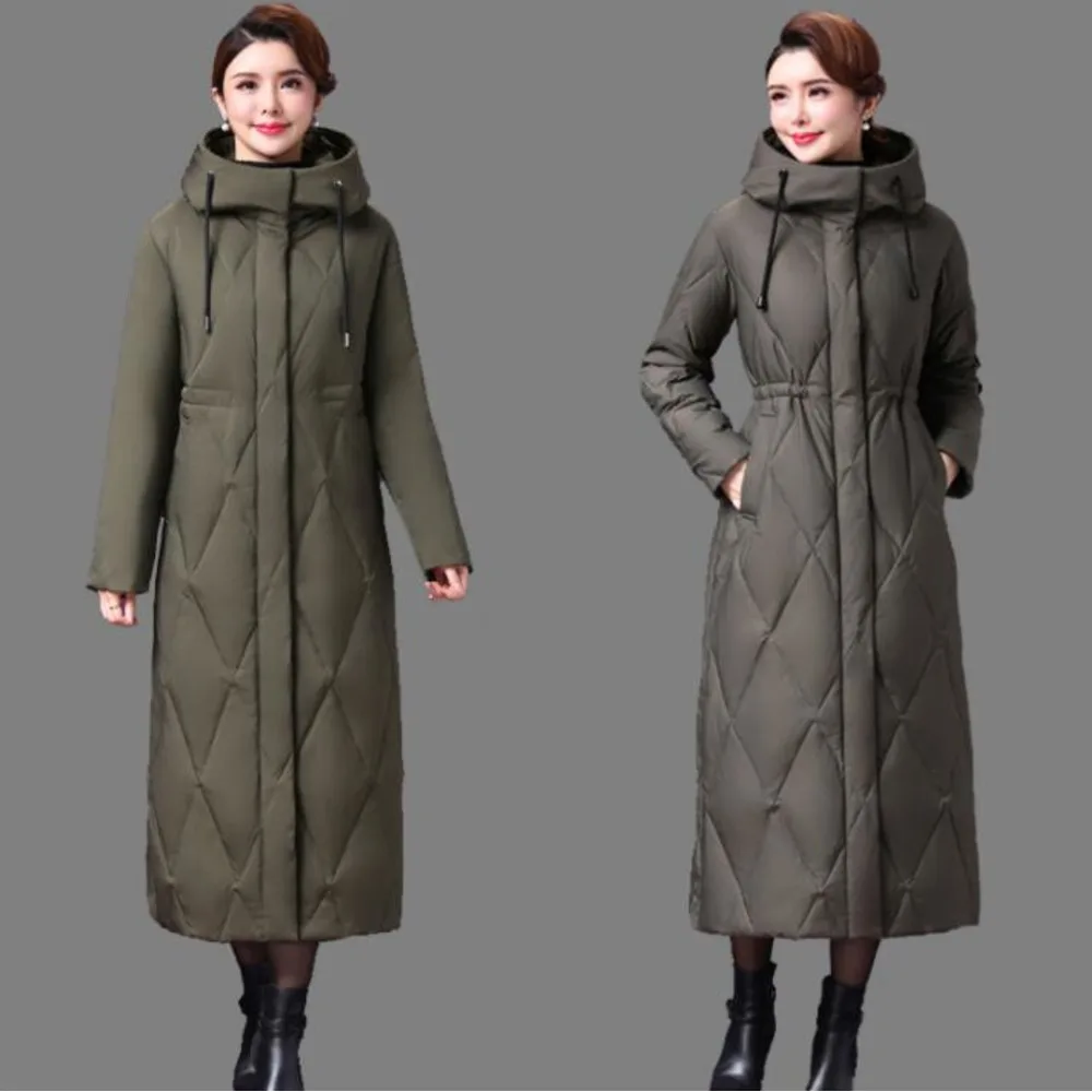 

Женский длинный пуховик на белом утином пуху, с капюшоном