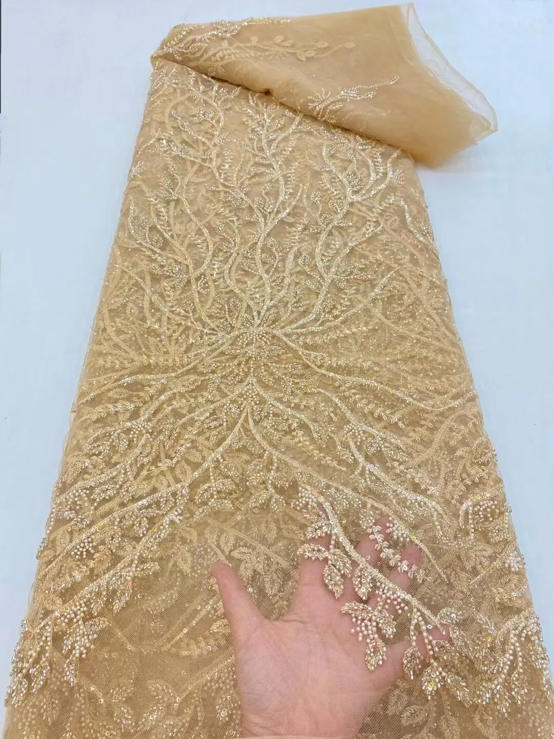 

French Lace Fabric 2021 High Quality Lace With Beads Latest African Embroidery Tulle Lace Fabric Nigerian Lace For Wedding 5yard
