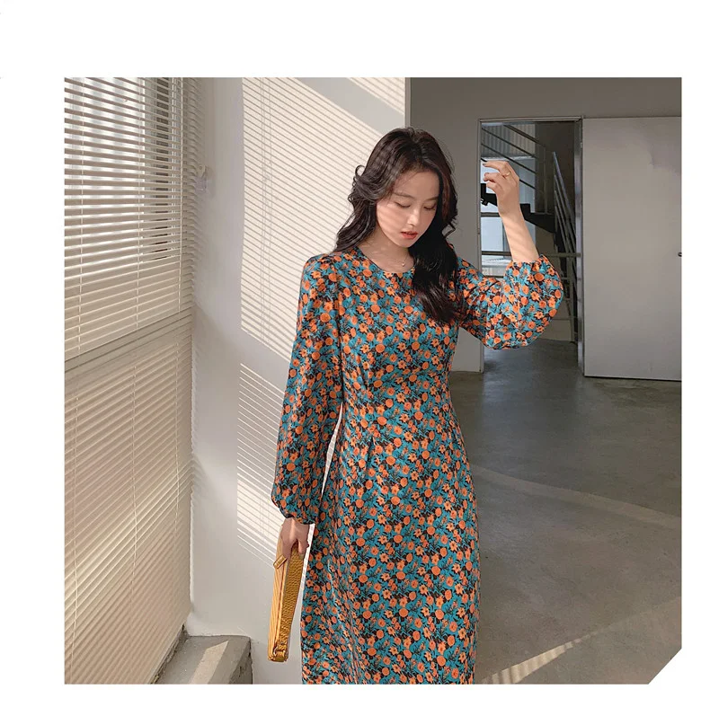 

2021 Spring New French Style Elegant Retro Long Sleeve Waist Slimming Floral Slim Looking Base Long Dress