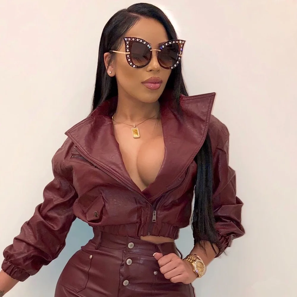 

BJYL Casual Women Faux Leather Tracksuit Two Pieces Set Turn Down Collar Zippers Jacket Button Pocket Pants Skinny Sports Suit