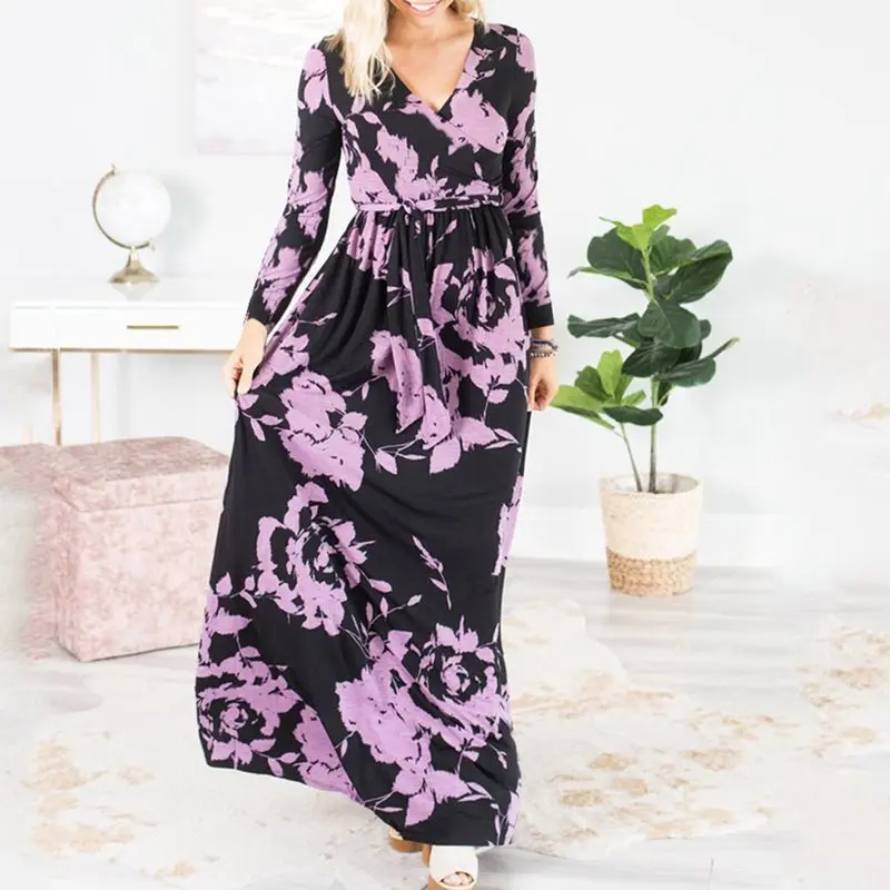 Женское платье макси с цветочным принтом повседневное длинное черного цвета