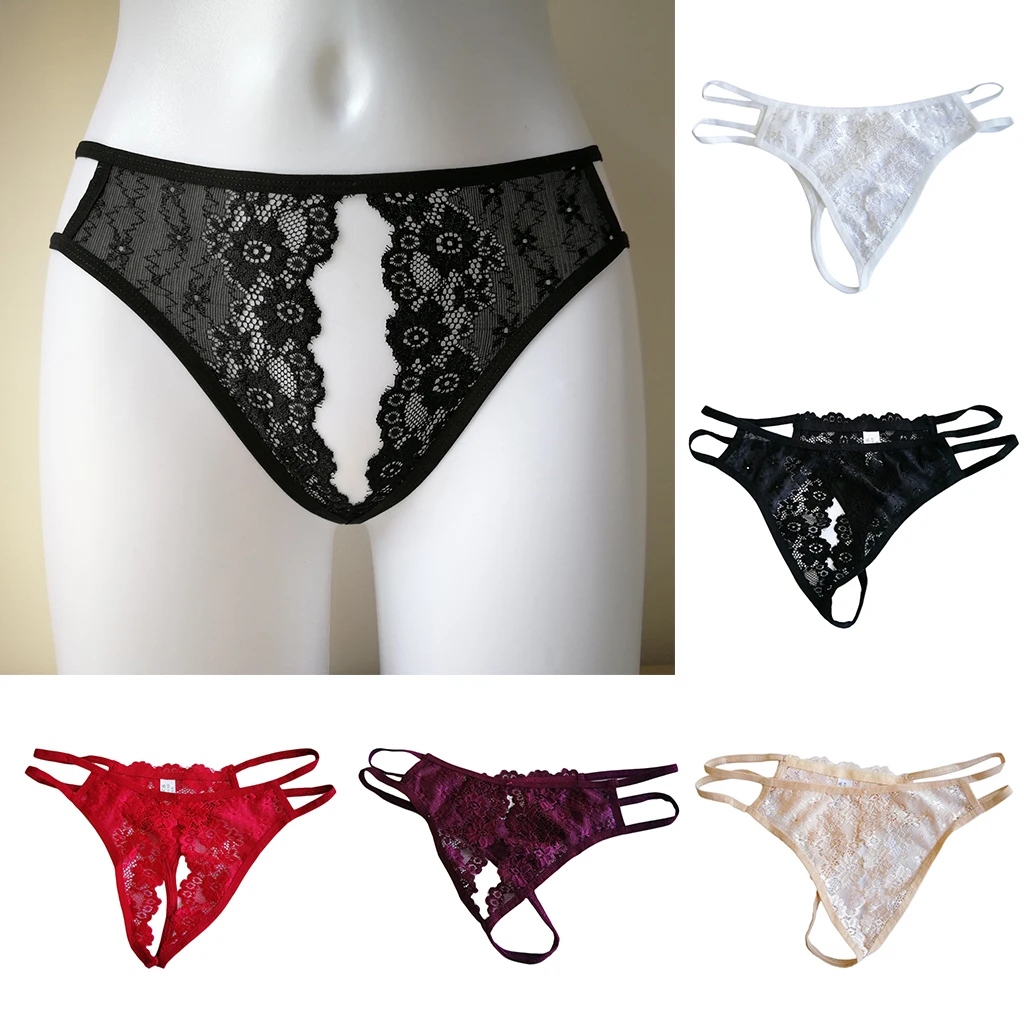 Women's Stretchy Floral Lace Open Front Thong T Back Underwear Panties