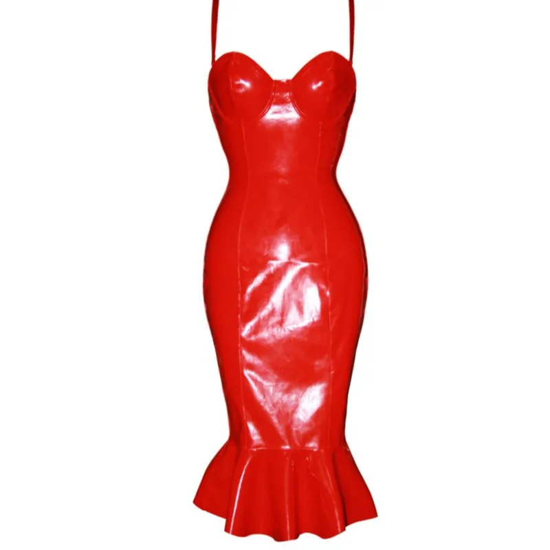 

Large Size L-6XL High Quality Non-elastic PU Faux Leather Dress Plus Size Adjustable Shoulder Strap Ruffles Bodycon Party Dress