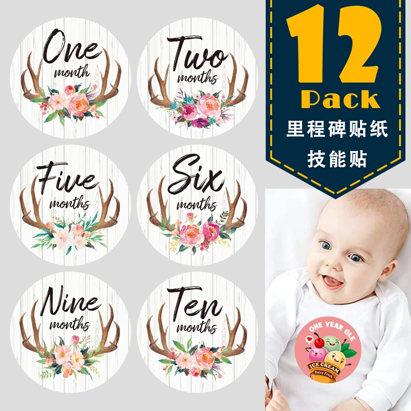 

12Pcs Month Sticker Baby Shower Decor Photography Accessor Milestone Memorial Newborn Kids Commemorative Card Number Photo Props