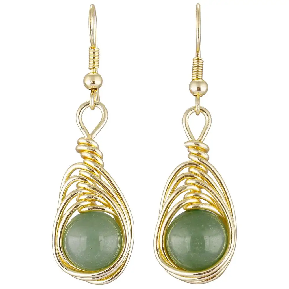 

TUMBEELLUWA Handmade Wire Wrap Round Beads Crystal Dangle Earrings for Women Gold Color Reiki Gem Stone Ear Hook Drop Earrings
