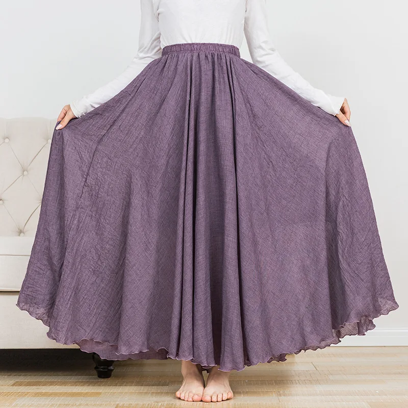 

Women Cotton Linen Maxi Skirt Casual Elastic Pleated A-Line Beach Boho Skirts