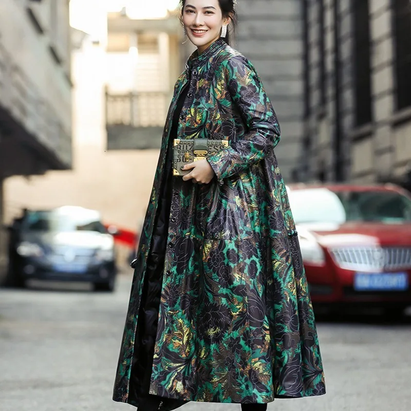 Женское кожаное нижнее пальто дизайнерское новое с принтом в виде длины и