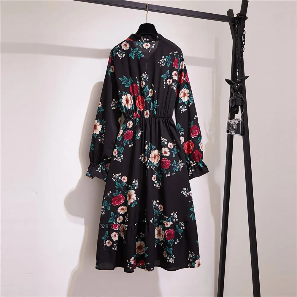 Женское шифоновое платье с цветочным принтом длинным рукавом и бантом высокой
