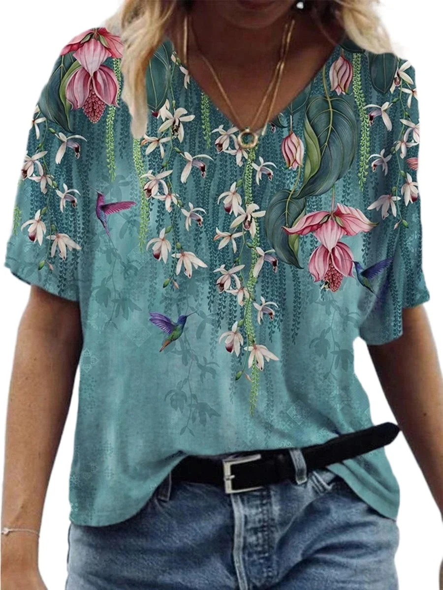 

Women Loose Flower Plant Scenery Printed T-shirt Short Sleeve Tops V-neck Summer Casual Blouse