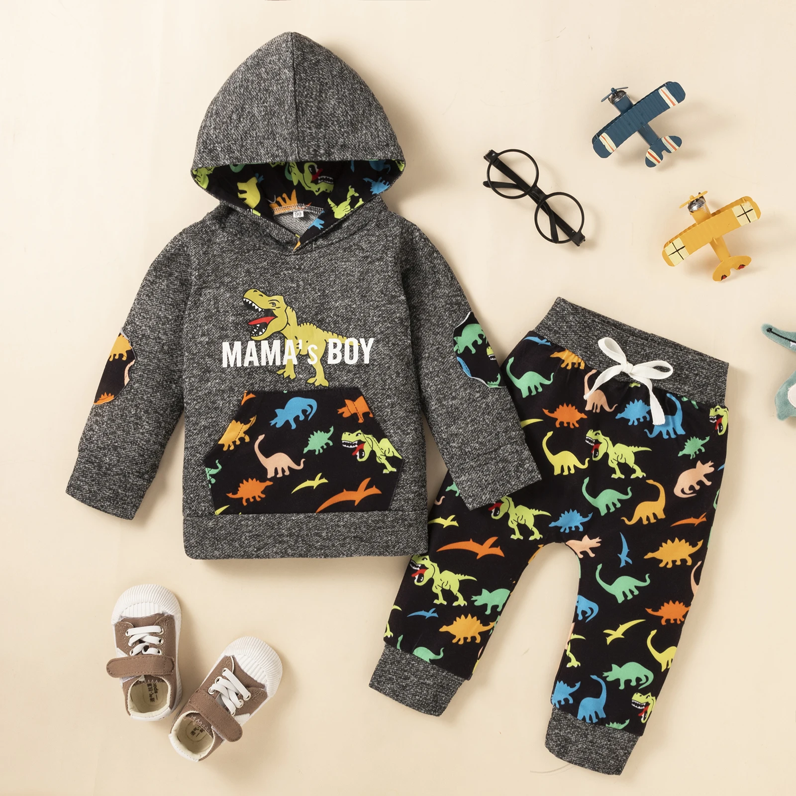 

2Pcs Baby Boys Dinosaur Print Hooded Long Sleeves Sweatshirt + Elastic Waist Casual Pants for Kids, 0-24 Months Clothes Sets