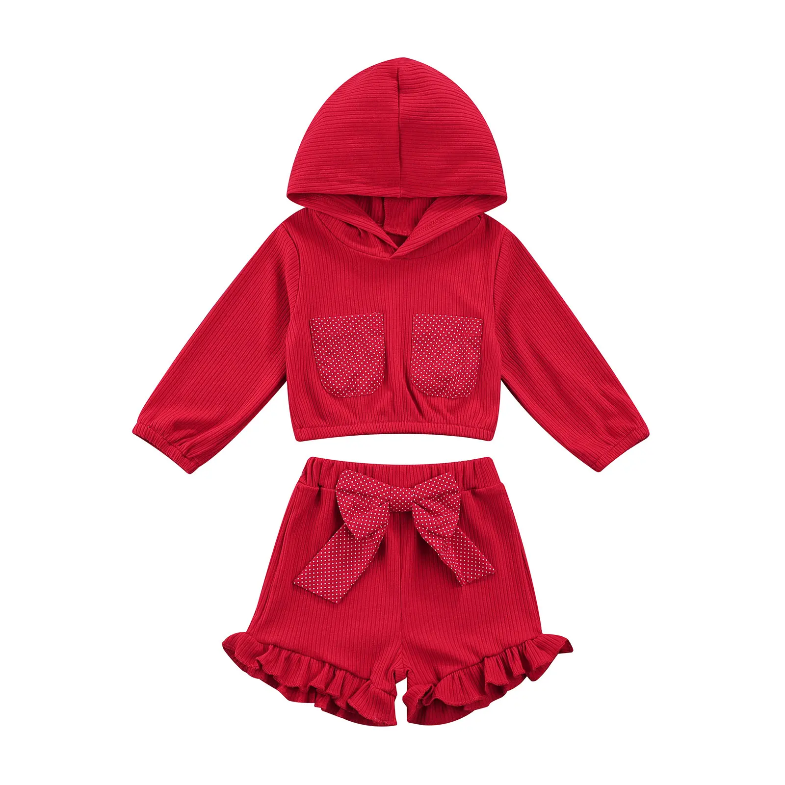

Комплект одежды Emmababy для маленьких девочек, однотонный топ с длинным рукавом и капюшоном, с карманами, кружевные шорты с бантом, 2 шт., на лето...