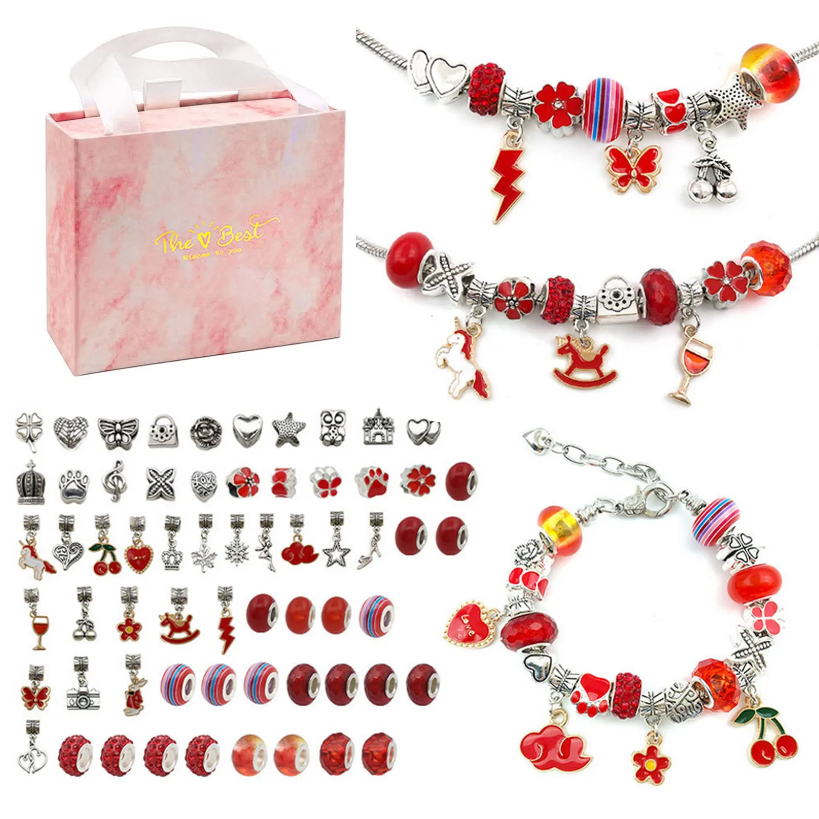 Kit DE FABRICACI&Oacute;N de joyas con caja de regalo rosa para ni&ntilde;as y mujeres, collares, pulsera con abalorios, regalo de San Valent&iacute;n, cumplea&ntilde;os y Navidad, 64 piezas-4