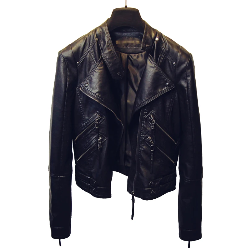 Fashion Black Pu Leather Jacket Punk Style Slim Fit Short Motorcycle Jackets Oblique Zipper Design High Waist Streetwear Coat