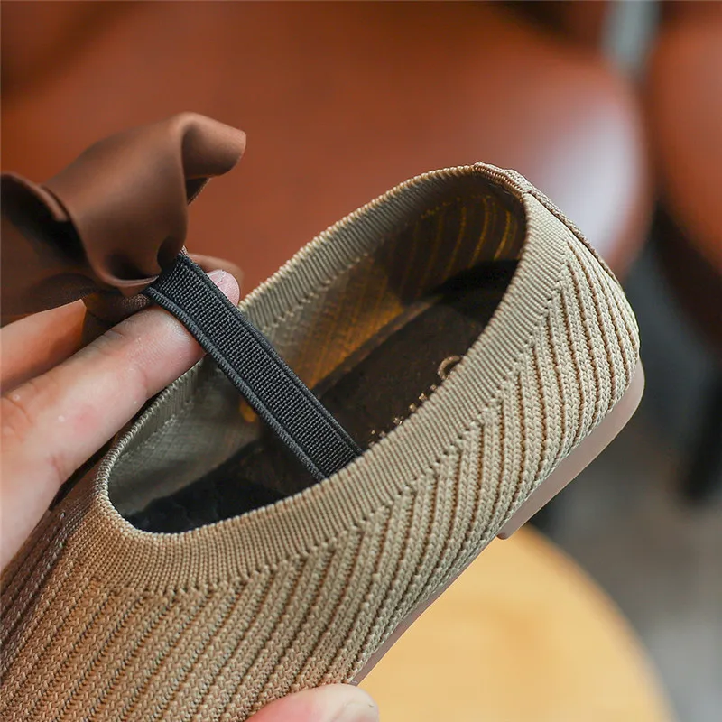 Туфли для девочек с большим бантом однотонные вязаные мокасины на плоской