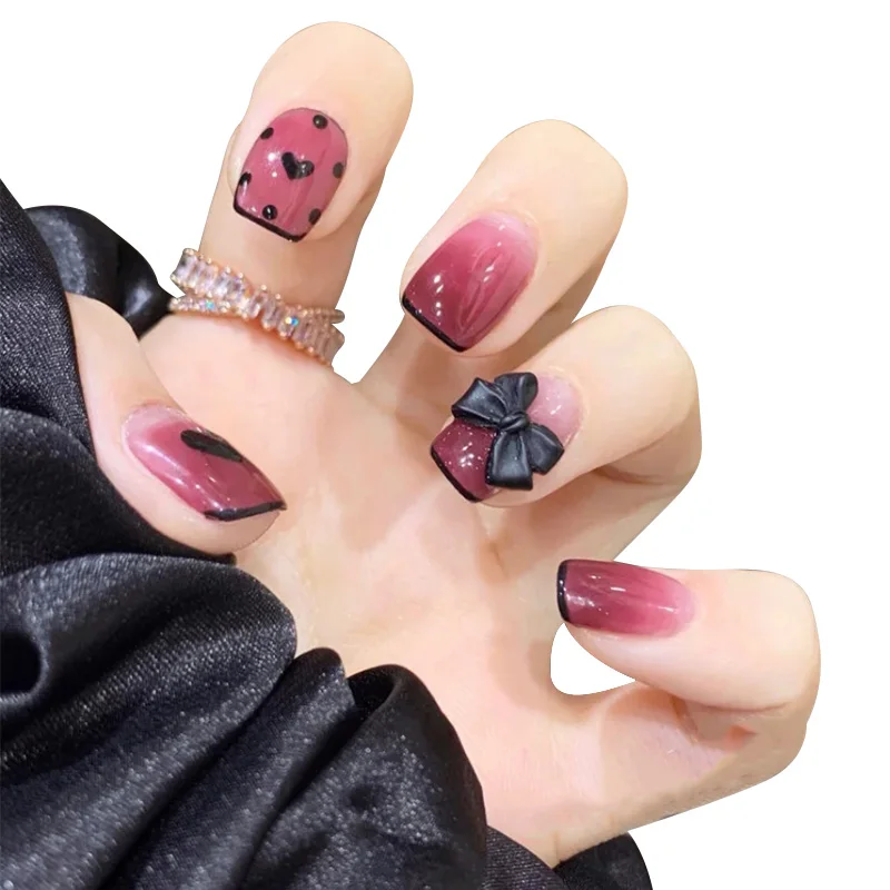 24pcs False Nails with Glue French Bowknot Long Fake Nails Press on Nails Candy Color Flower Heart Nail Art Tools