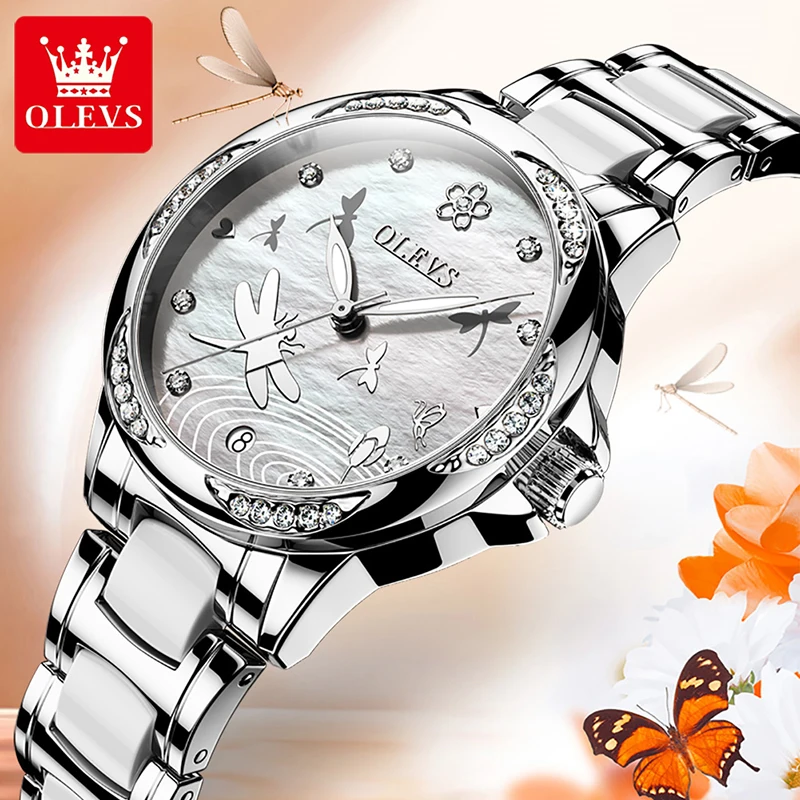 OLEVS Automatic Mechanical Watch Womens Casual Fashion Butterfly Dial With Calendar Simple Women Watch Luminous Hands Waterproof