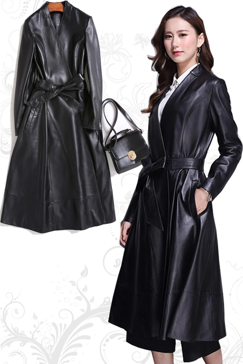 Женская длинная куртка из натуральной овечьей кожи элегантный тренчкот в