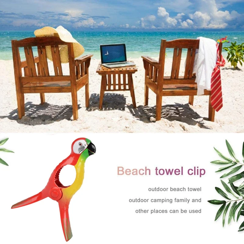 

4Pcs Beach Towel Clips for Sun Loungers, Parrot Bird Towel Clips Large Windproof Clothes Hanging Peg Quilt Clamp Holder