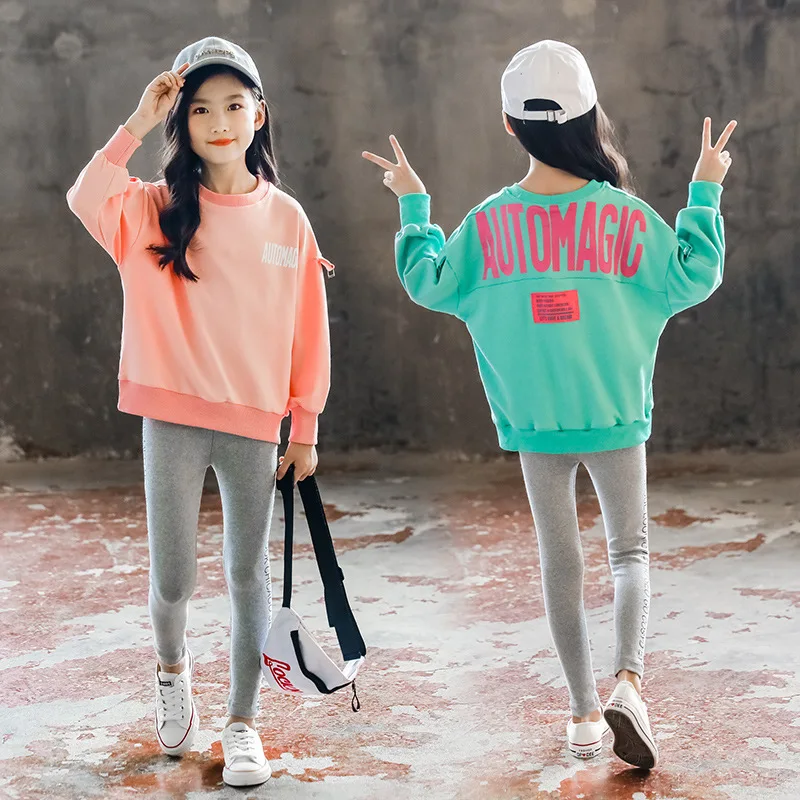 

Teen Girls Clothing O-neck Sports Suit Children's Long-sleeved Loose Sweater Tight-fitting Leggings Halloween Two Piece Outfits