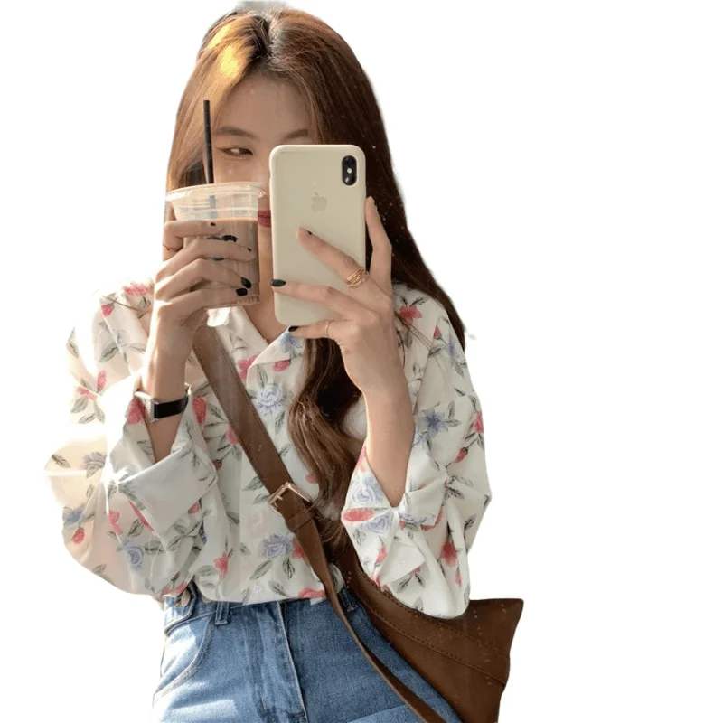 

Chiffon Blouse Women Casual Shirts Vintage Floral Print Long Sleeve V Neck Blouses And Tops Button Holiday Y800