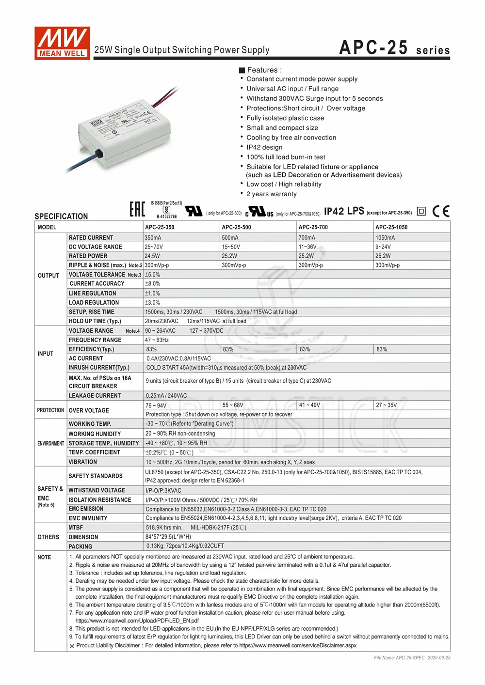 Оптовая продажа цена товара MEAN WELL! APC-25-350 70V 350mA meanwell APC-25 24 5 W один Выход