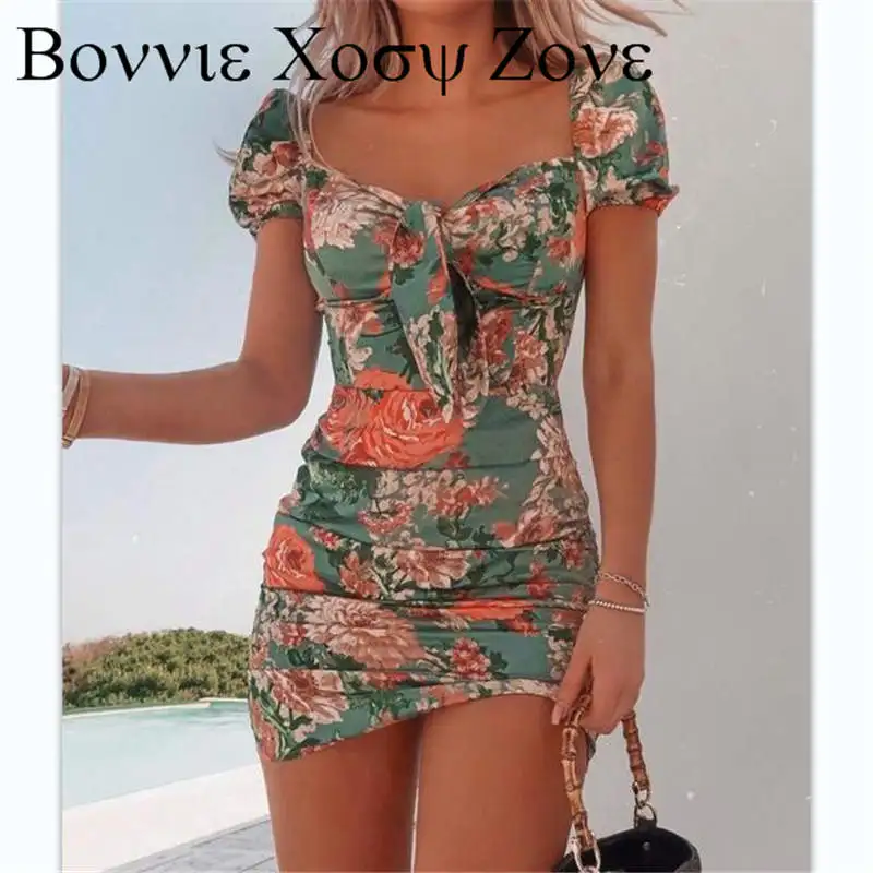 

Short Sleeve Floral Square Neck Tie Front Dress Summer Mini Dresses For Women 2021