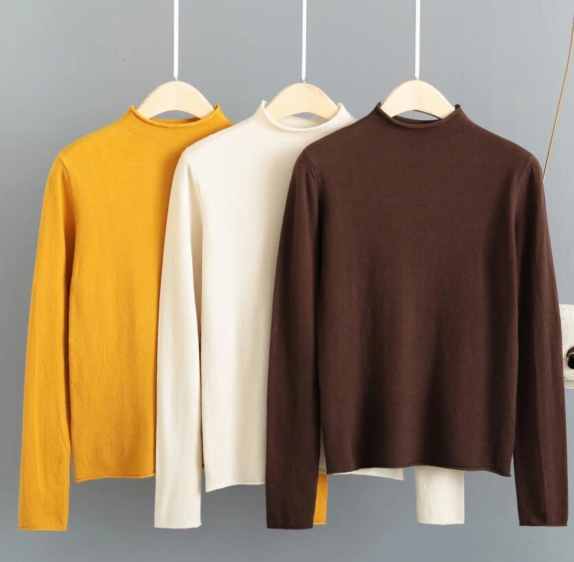 Женский трикотажный пуловер тонкий однотонный топ с воротником-хомутом