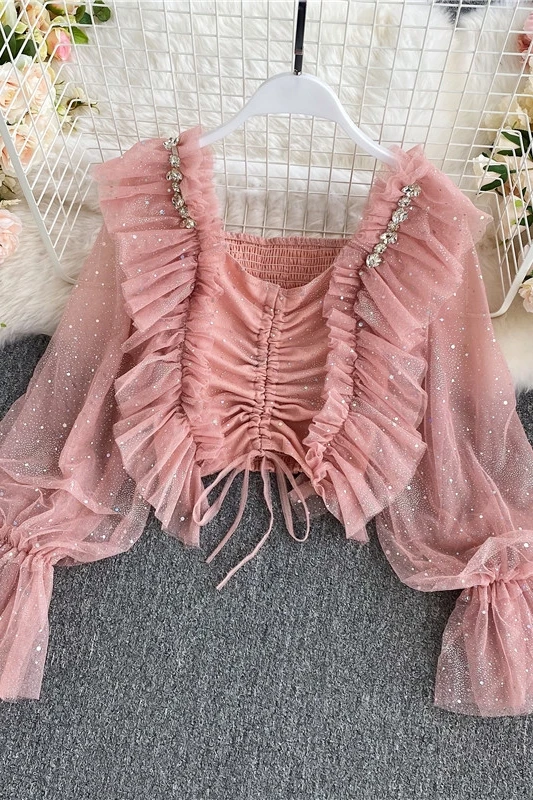 

Court Female Bling Shiny Mesh Long Sleeve Sweet Wood Ear Short Tops Shirt Autumn Women New Fashion Elegant Blouse