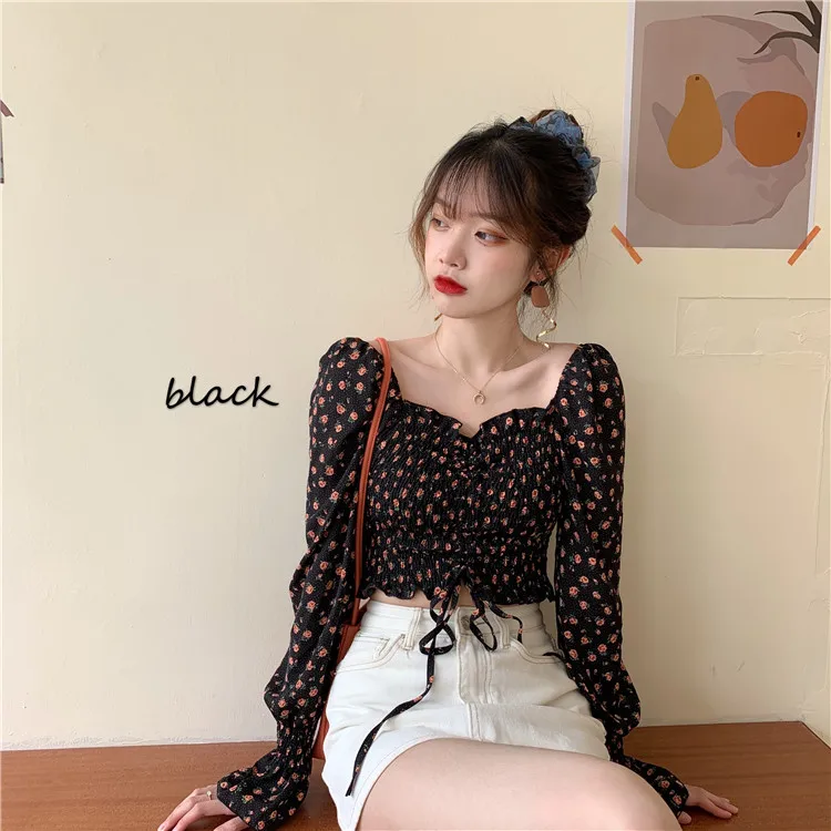 

Spring Autumn Sweet Style Chiffon Shirts Korean Clothes Print Blouses Crop Top Flare Sleeve Women's Clothing Fashion Brand