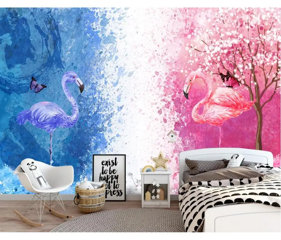 

AINYOOUSEM Fresh watercolor blue powder flamingo background wall papier peint papel de parede wallpaper 3d wallpaper stickers