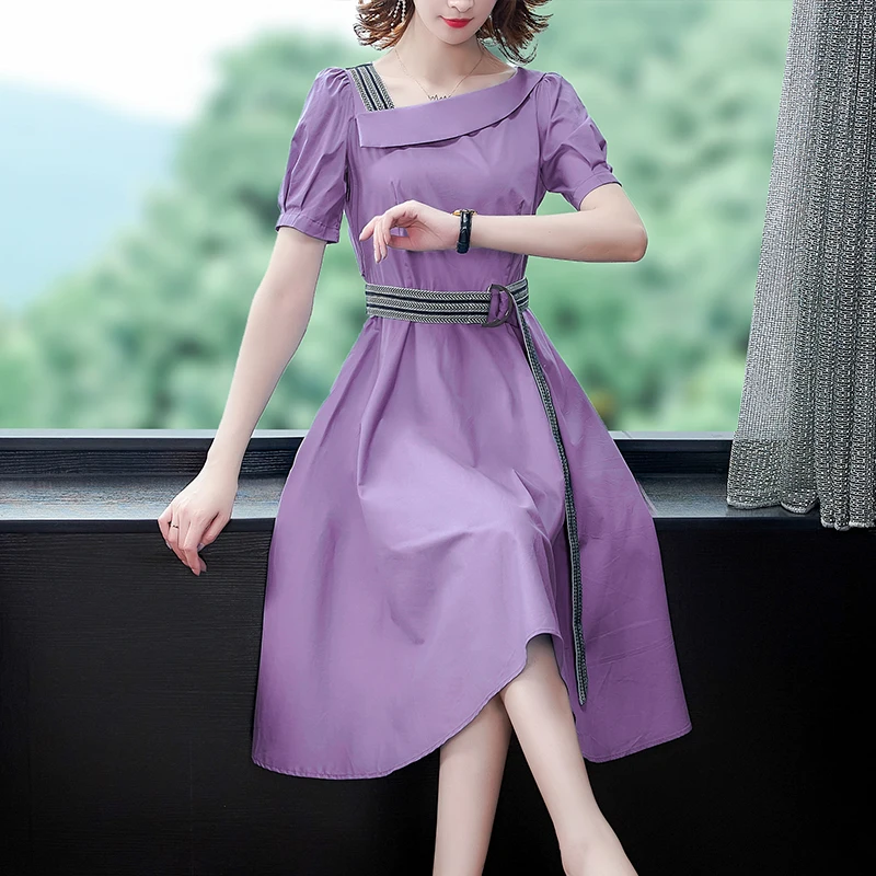 

Women Long Dress Summer 2021 New Office Lady Short Sleeve Flare Sleeve O-Neck High Waist Belt Zipper V-Neck Purple Dresses Traf
