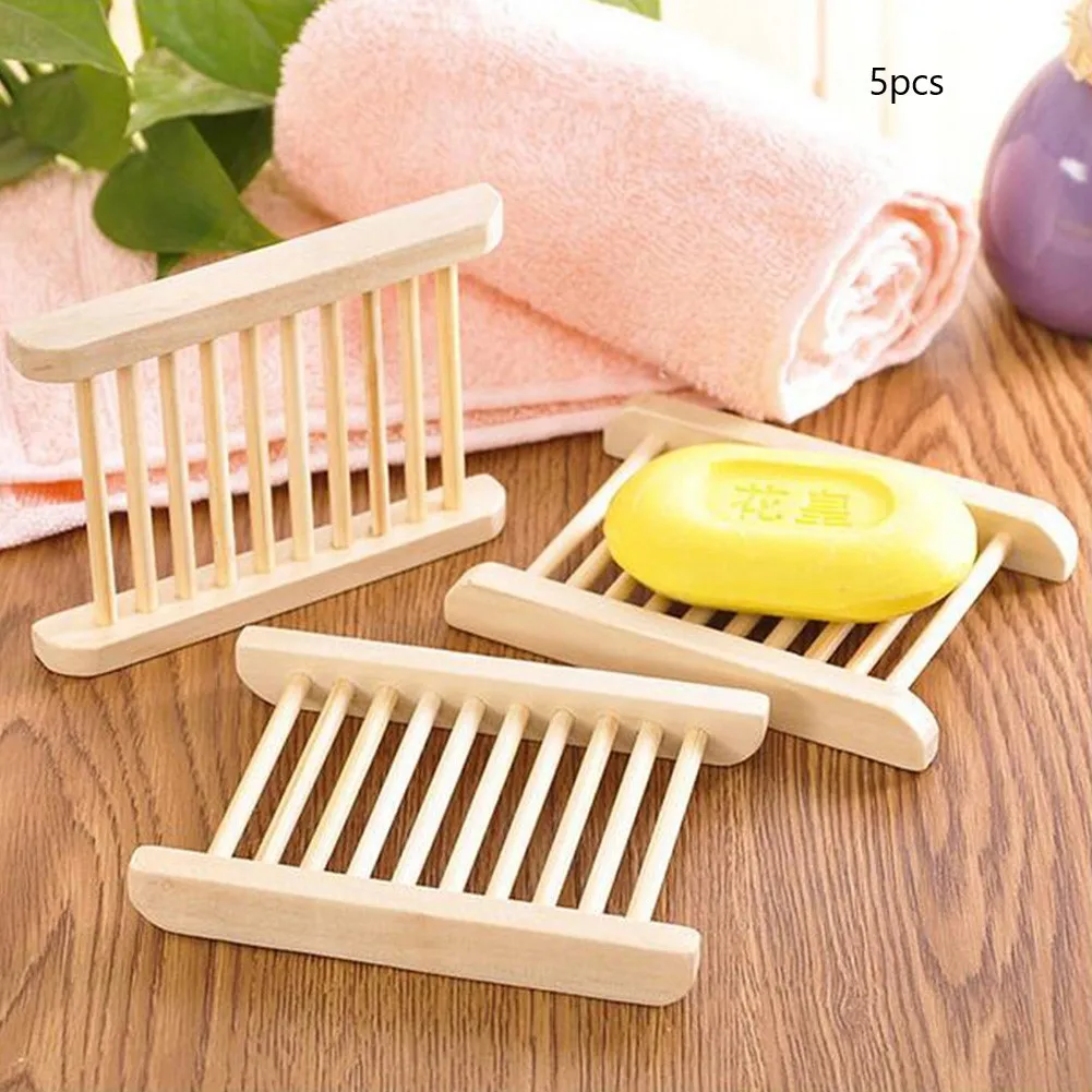 

5PCS Wooden Bamboo Soap Holder Dish Bathroom Shower Plate Stand Box Home Wooden Soap Rack Cover Plate Box Container For Bathroom
