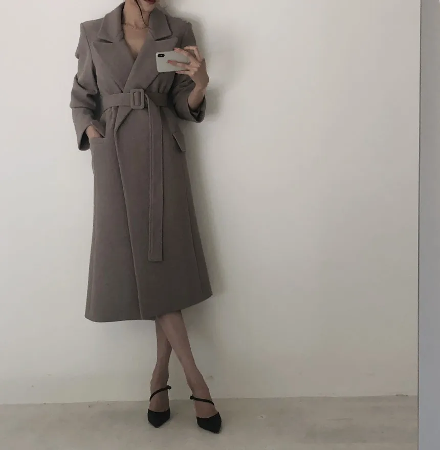 

Women's Autumn Spring Woolen Overcoats Thick Mid-length Over-the-Knee Suit Woolen Jacket Coats