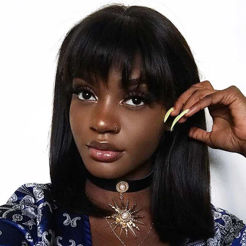 Качающийся лес Боб парики на кружеве с челкой перуанские человеческие волосы для