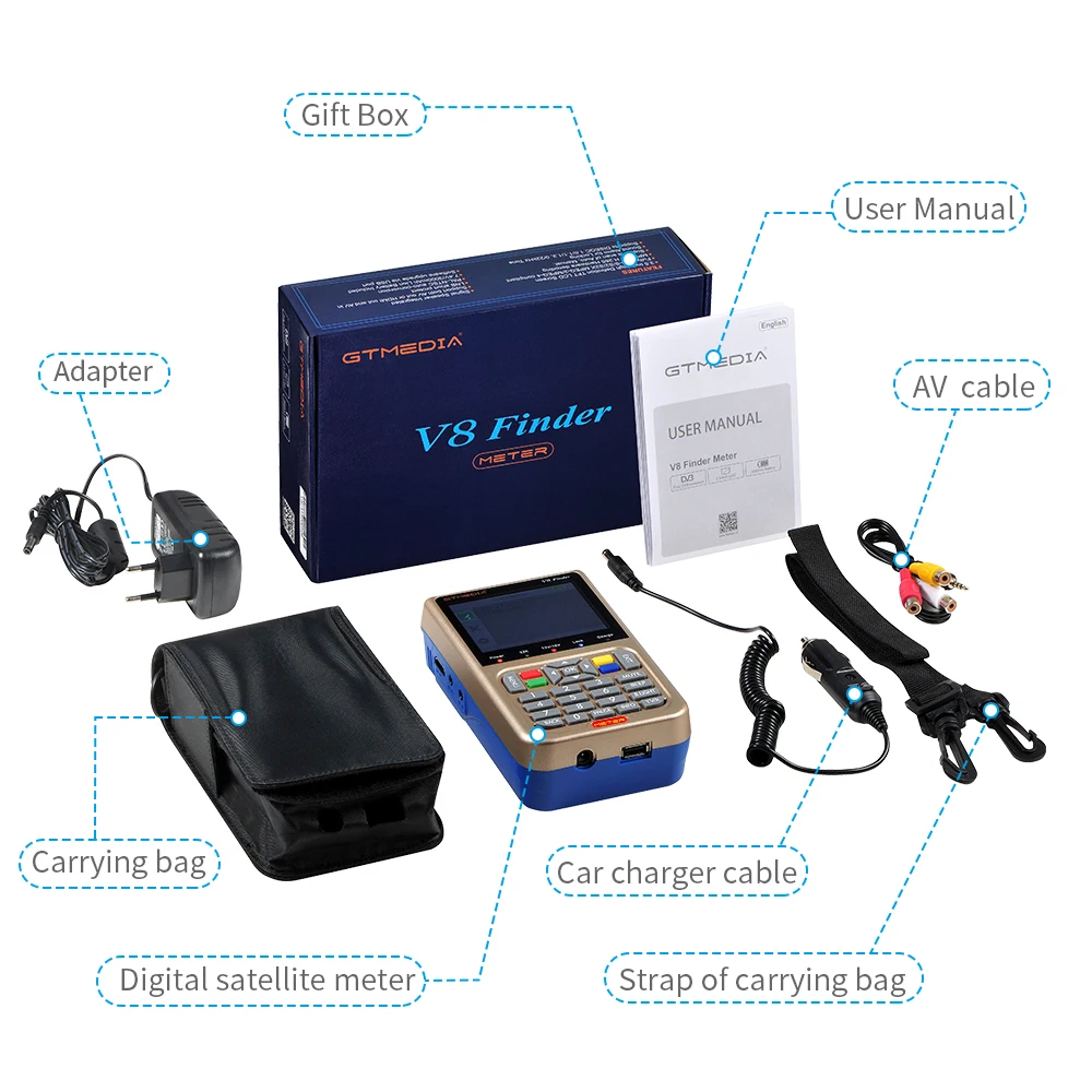 

[Brazil]GTMEDIA V8 Finder,DVB-S2/S2X Digital Satellite,High Definition 1080P HD ACM,1080P HD ACM Sat Finder Meter,3000mA Battery