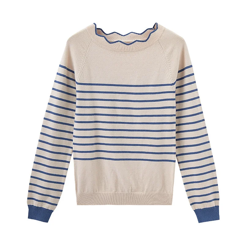 INMAN Spring Autumn Lace O-neck Minimalism All Matched Slim Literary Striped Women Pullover | Женская одежда