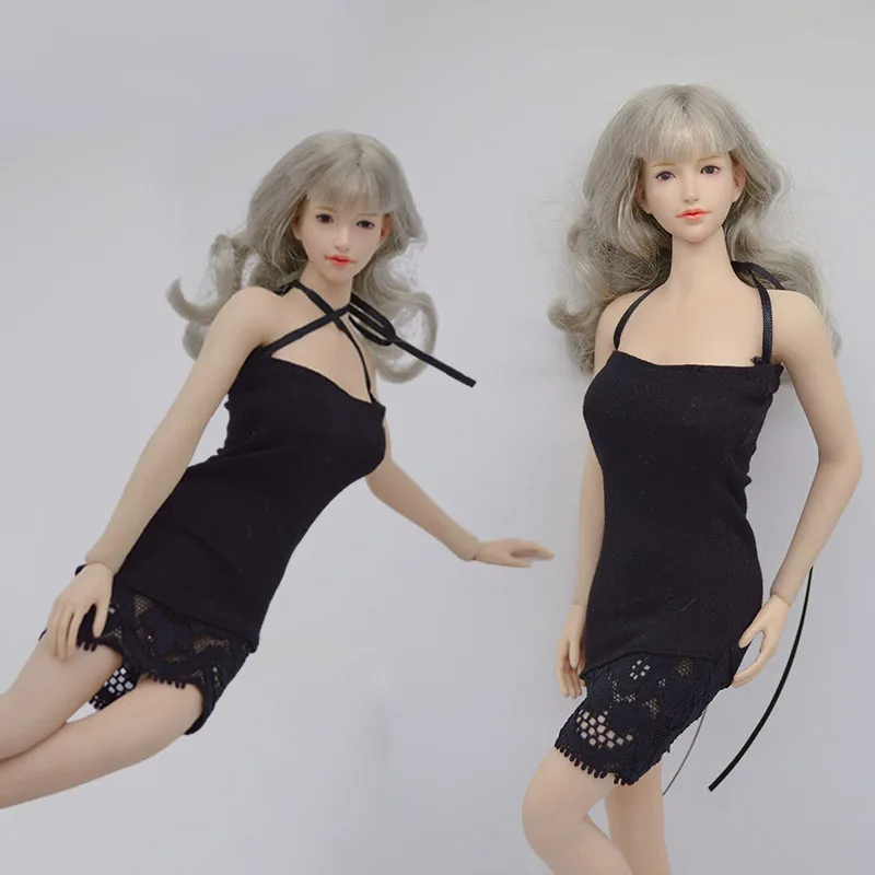 

Платье с лямкой на шее 1/6, соблазнительная Черная кружевная супер короткая юбка, одежда, модель подходит для женской экшн-фигурки 12 дюймов