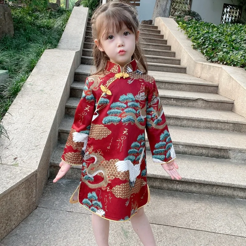 

Girls 2021 Spring New Cheongsam Children's Long-sleeved Tang Suit Baby Chinese Style Qipao Retro Princess Dress For HolidayLB342
