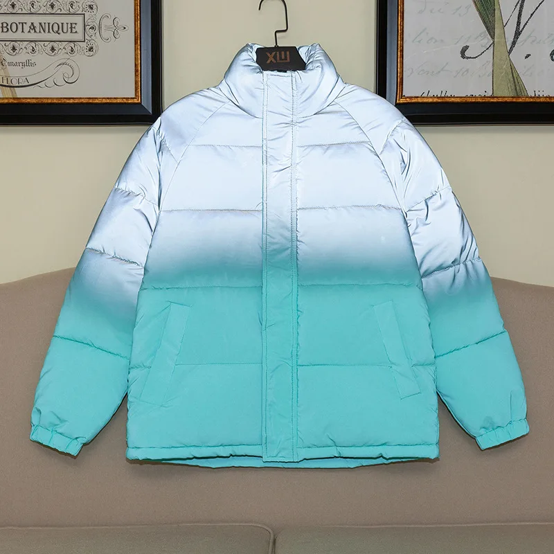 

Зимнее Стеганое пальто, мужское свободное светоотражающее хлопковое пальто с градиентом, короткое пальто для пары