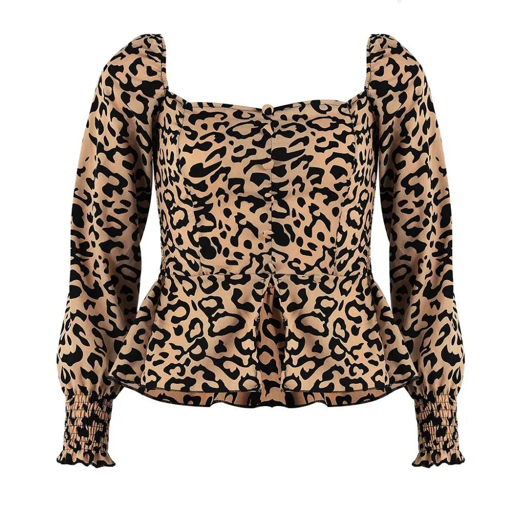 Модные повседневные женские леопардовые рубашки с длинным рукавом фонариком и