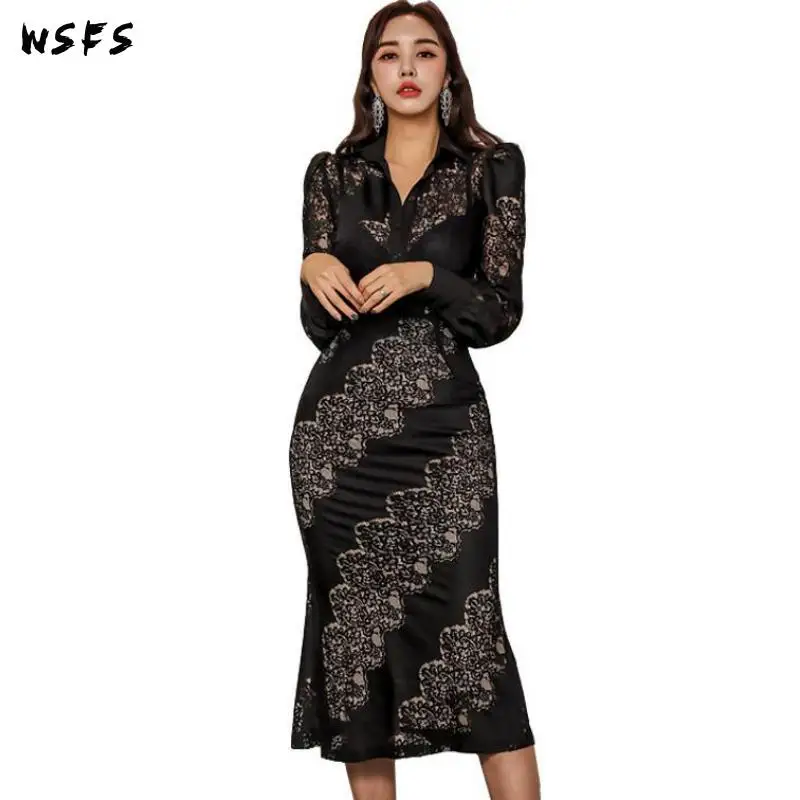 

2 Pieces Set Spring Dresses Lace Shirt Tops Bodycon Bandage Korean Women Dress Black Elegant Mid Pencil Skirt Sexy Party Clothes