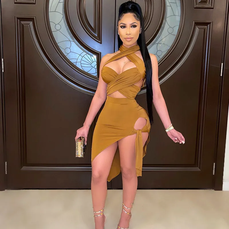 

Женский комплект с ажурным топом, соблазнительная Клубная одежда без рукавов, асимметричная юбка с высокой талией и разрезом