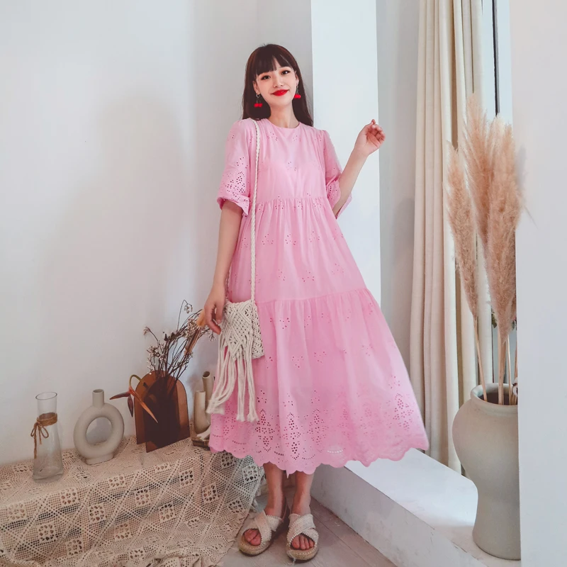 

Women Midi Dresses Summer 2021 Newest O-Neck Middle Sleeve Loose Robe Femme Elegant Ethnic Floral Embroidery Arabian Clothes