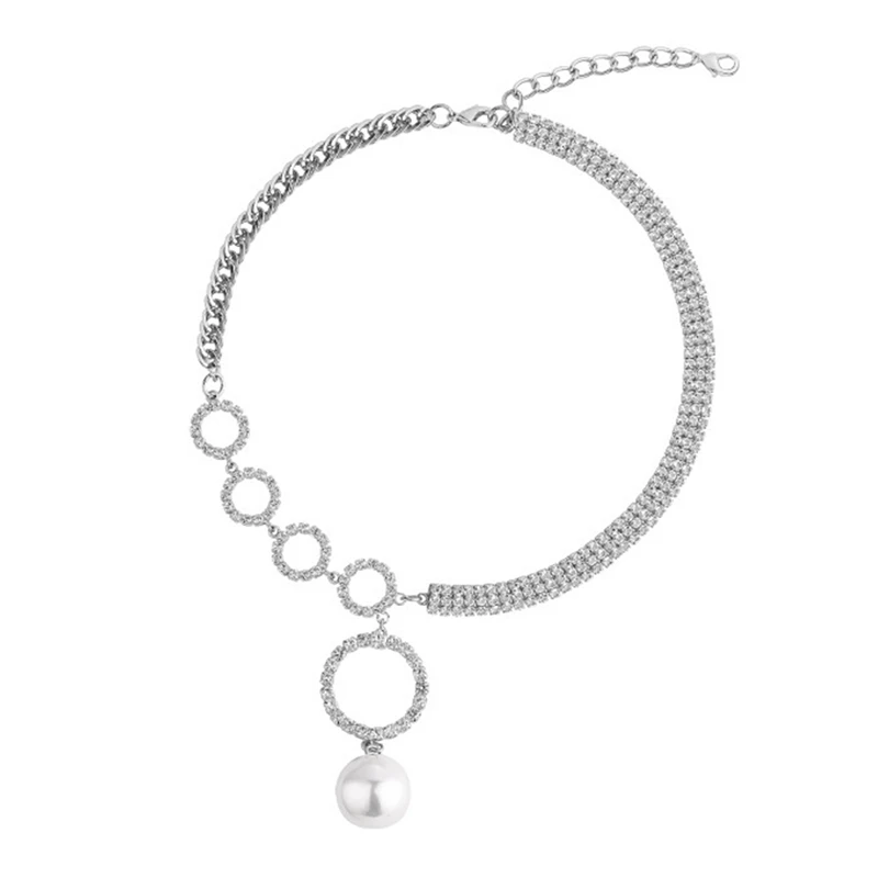 

Sparkling Diamond Circle Pearl Necklace Big Circle Pearl Necklace Female Woman Exaggerated Crystal Chain Short Necklace New 1pc