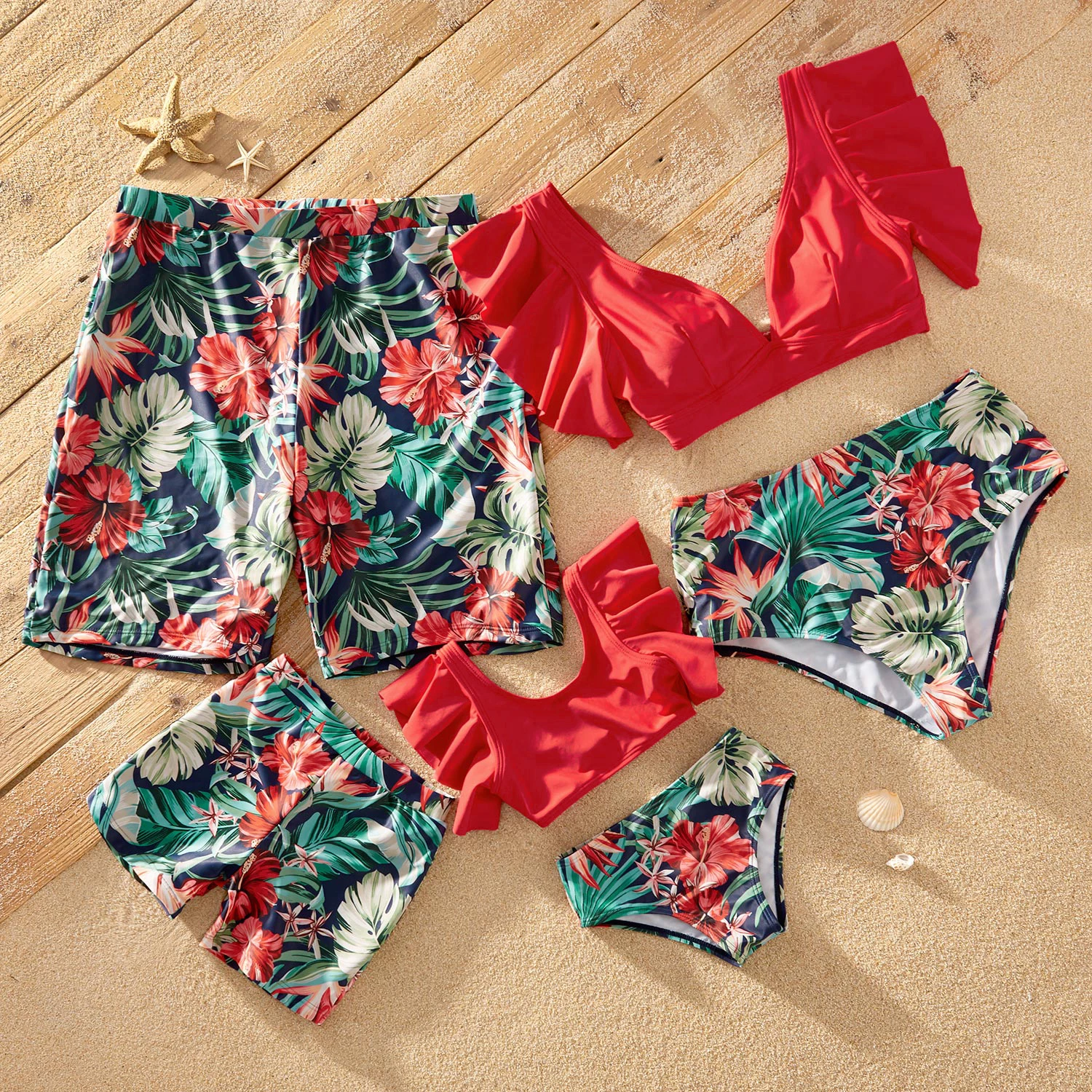 PatPat   New Summer Family Matching Outfits Ruffle-Sleeve Floral Print Swimsuits Daddy Mom Girl & Boys Swimwear Set For Beach